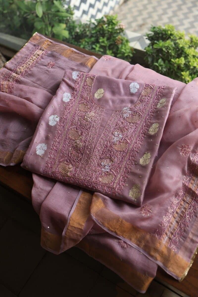 Pink Banarasi Zari Chanderi Unstitched Chikankari Fabrics