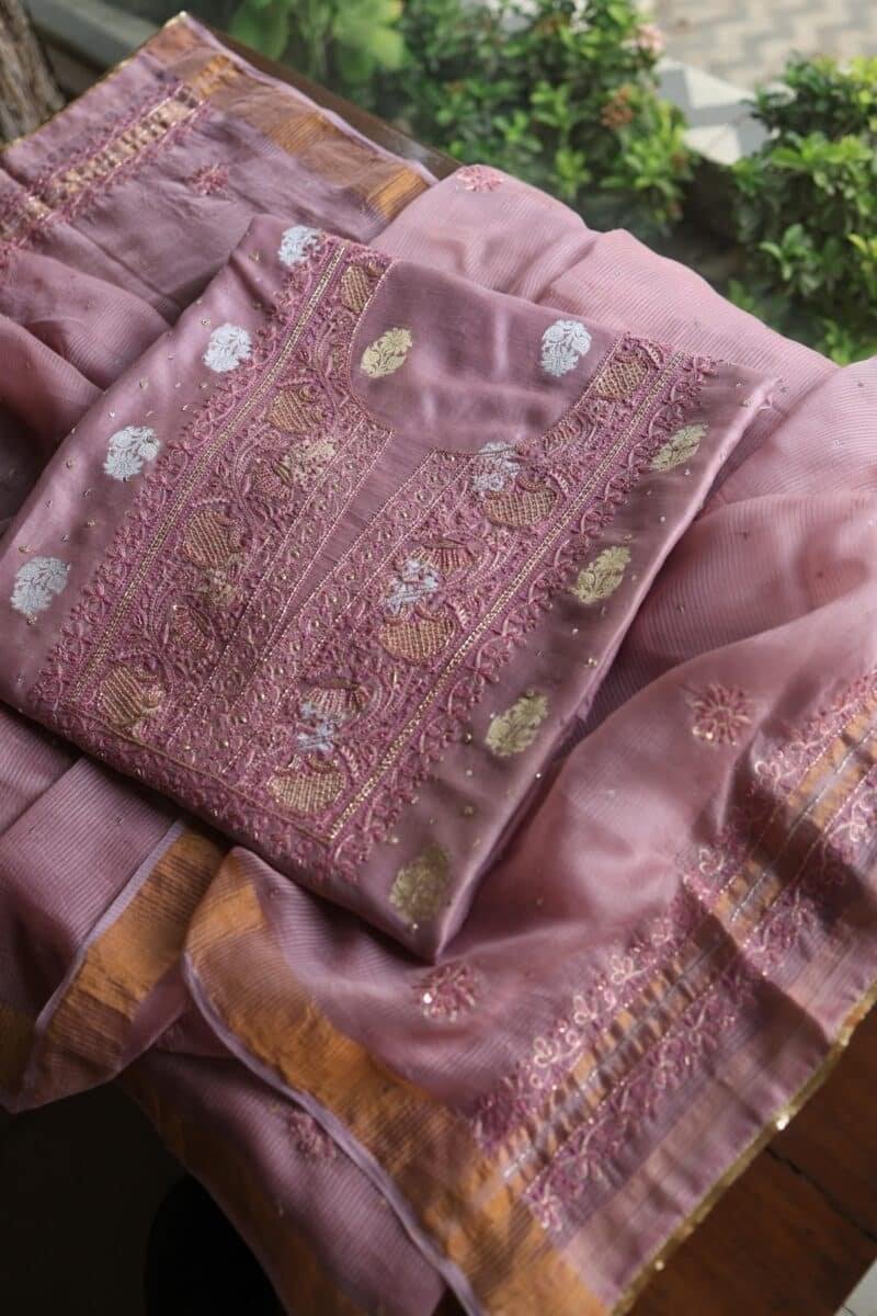 Pink Banarasi Zari Chanderi Unstitched Chikankari Fabrics