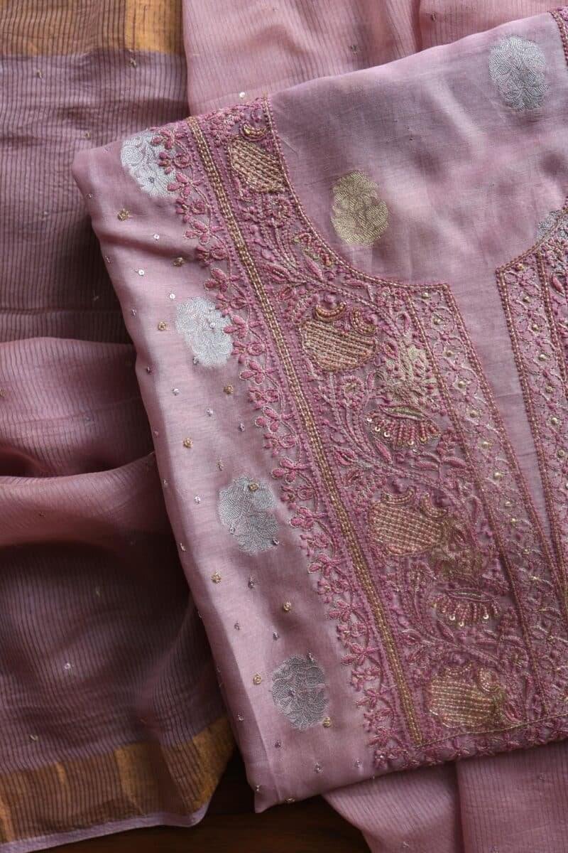 Pink Banarasi Zari Chanderi Unstitched Chikankari Fabrics