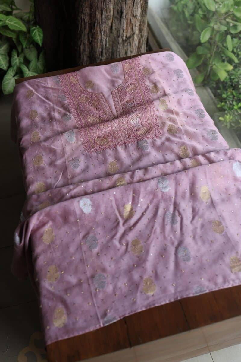 Pink Banarasi Zari Chanderi Unstitched Chikankari Fabrics
