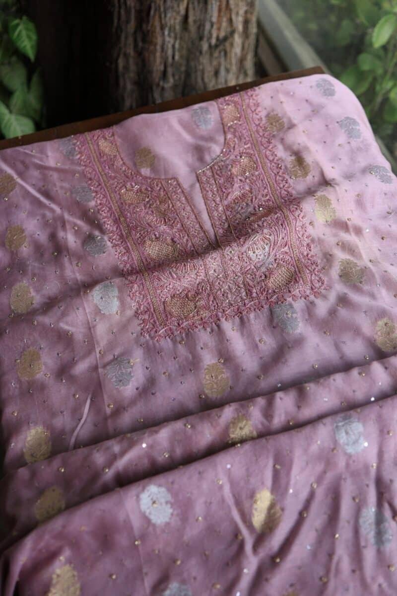 Pink Banarasi Zari Chanderi Unstitched Chikankari Fabrics