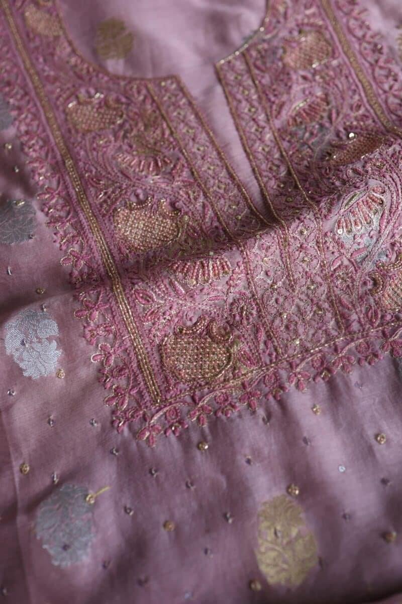 Pink Banarasi Zari Chanderi Unstitched Chikankari Fabrics
