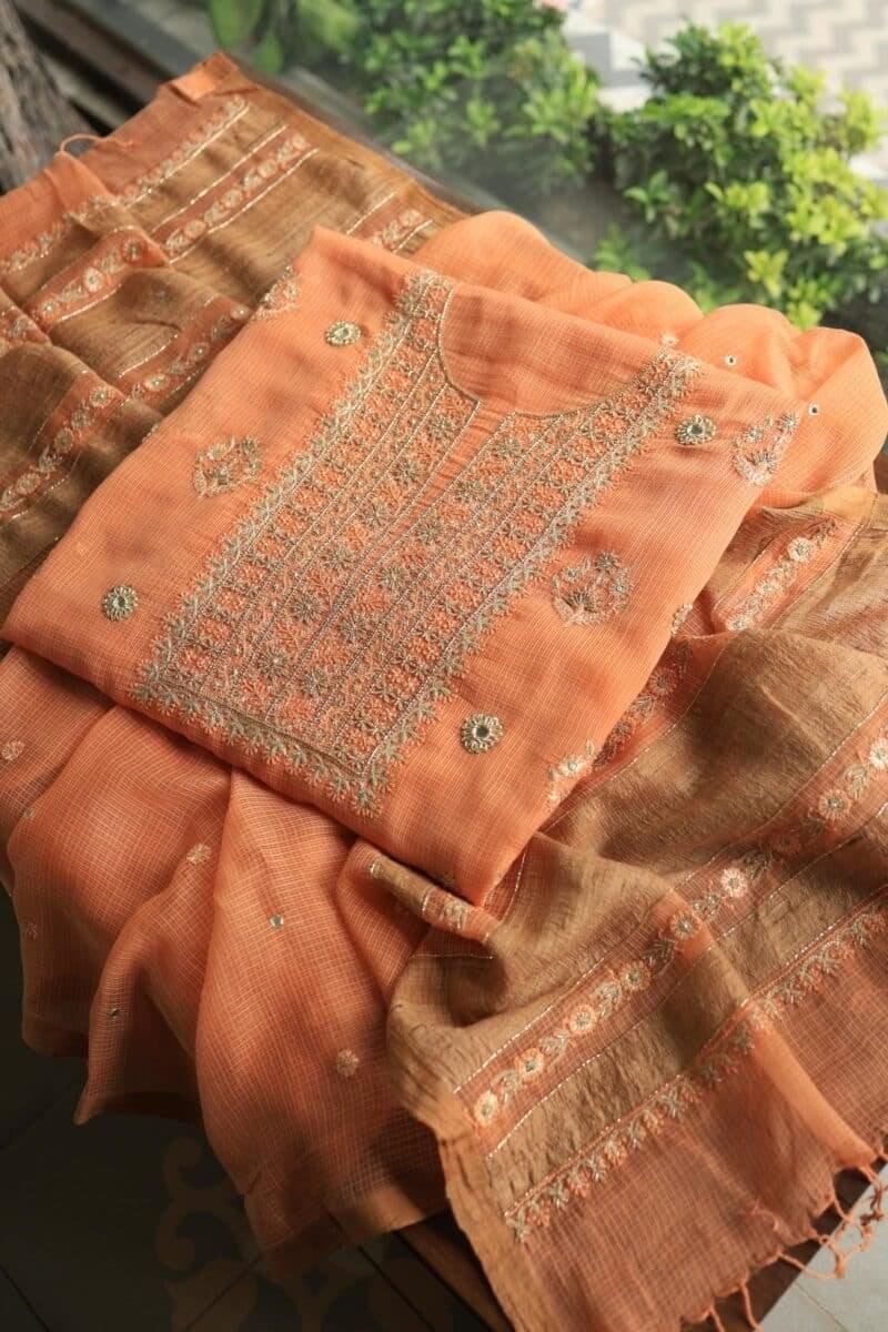Orange Salmon Silk Kota Chikankari Unstitched Fabric