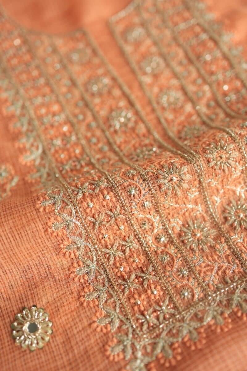 Orange Salmon Silk Kota Chikankari Unstitched Fabric