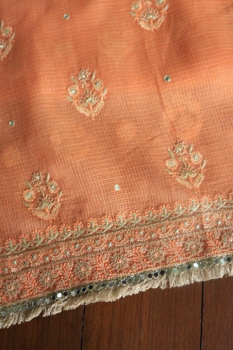Orange Salmon Silk Kota Chikankari Unstitched Fabric