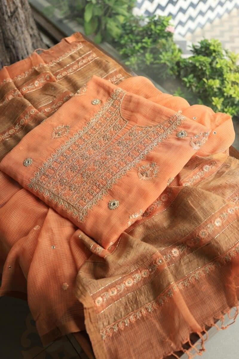 Orange Salmon Silk Kota Chikankari Unstitched Fabric