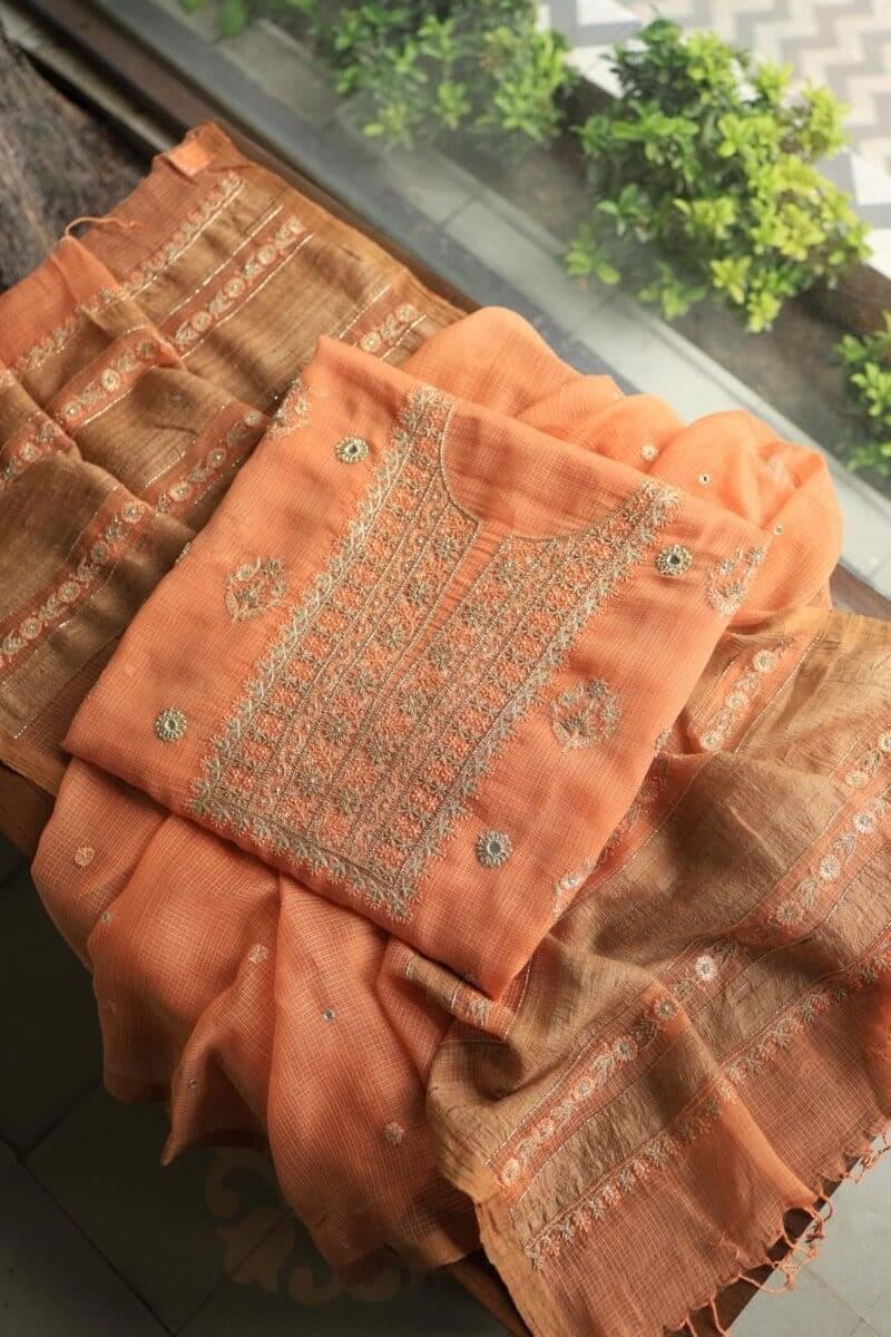 Orange Salmon Silk Kota Chikankari Unstitched Fabric