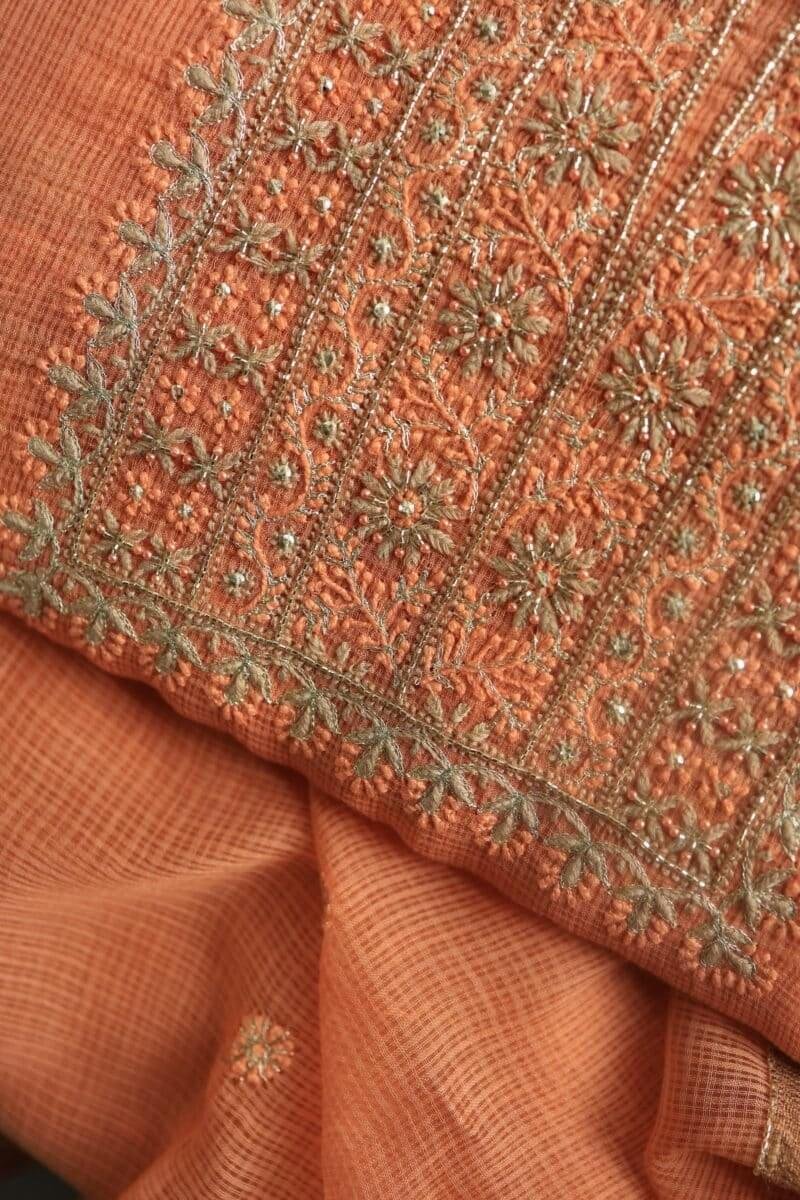 Orange Salmon Silk Kota Chikankari Unstitched Fabric