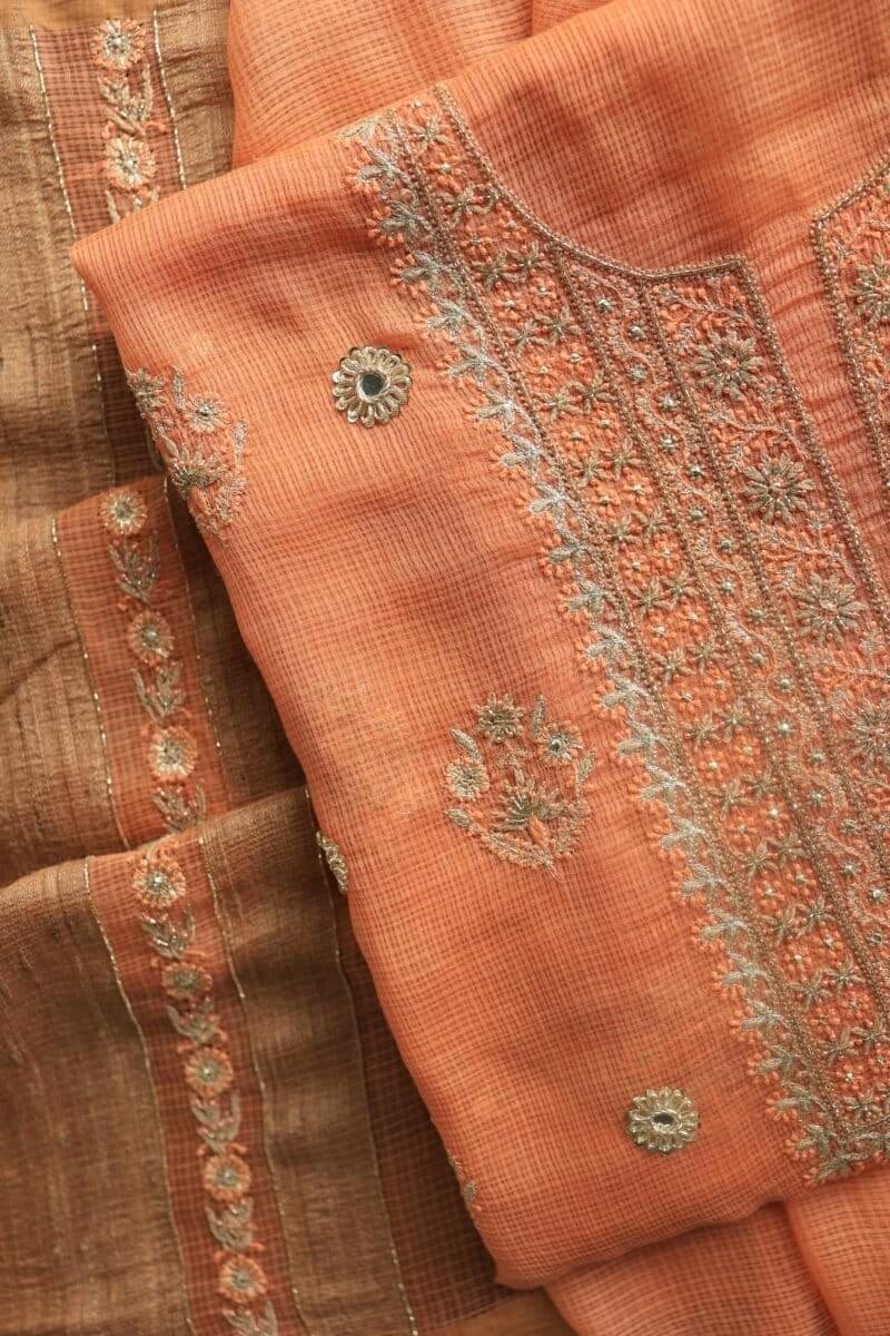 Orange Salmon Silk Kota Chikankari Unstitched Fabric