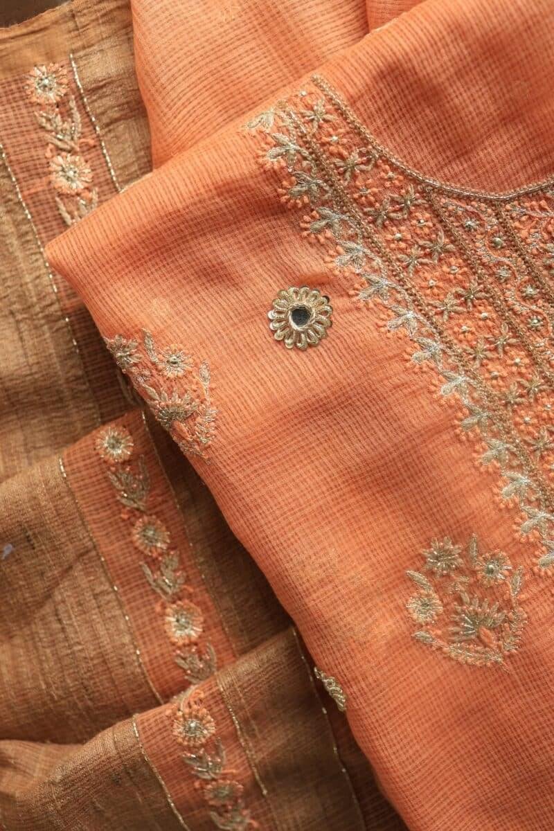 Orange Salmon Silk Kota Chikankari Unstitched Fabric