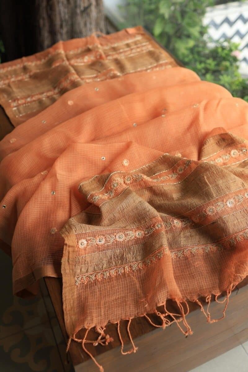 Orange Salmon Silk Kota Chikankari Unstitched Fabric