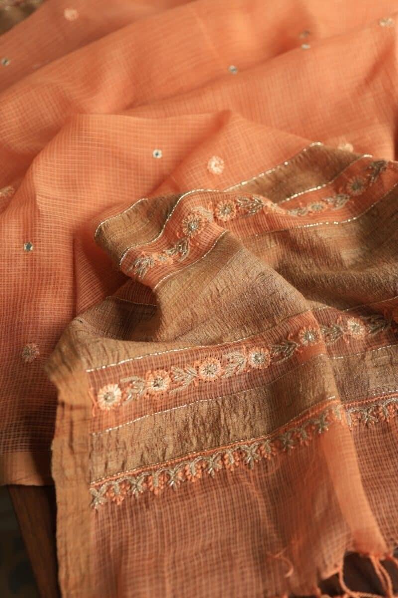 Orange Salmon Silk Kota Chikankari Unstitched Fabric