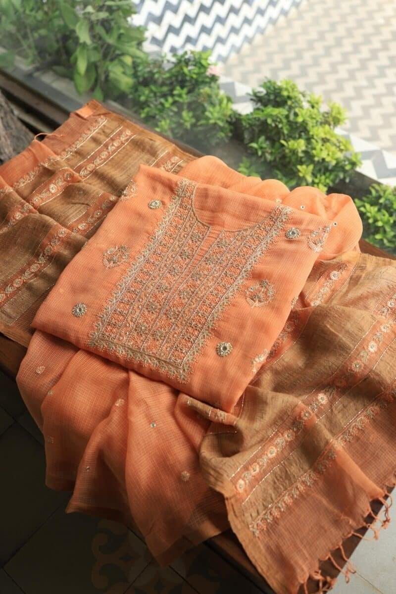 Orange Salmon Silk Kota Chikankari Unstitched Fabric