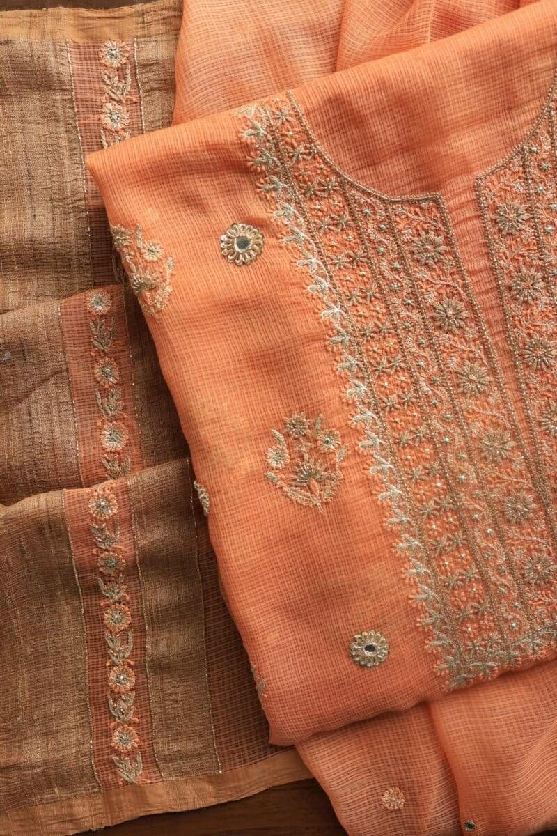 Orange Salmon Silk Kota Chikankari Unstitched Fabric