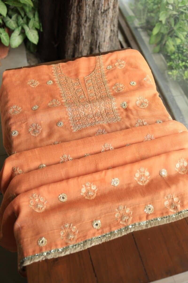 Orange Salmon Silk Kota Chikankari Unstitched Fabric