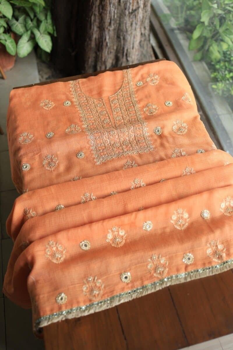 Orange Salmon Silk Kota Chikankari Unstitched Fabric