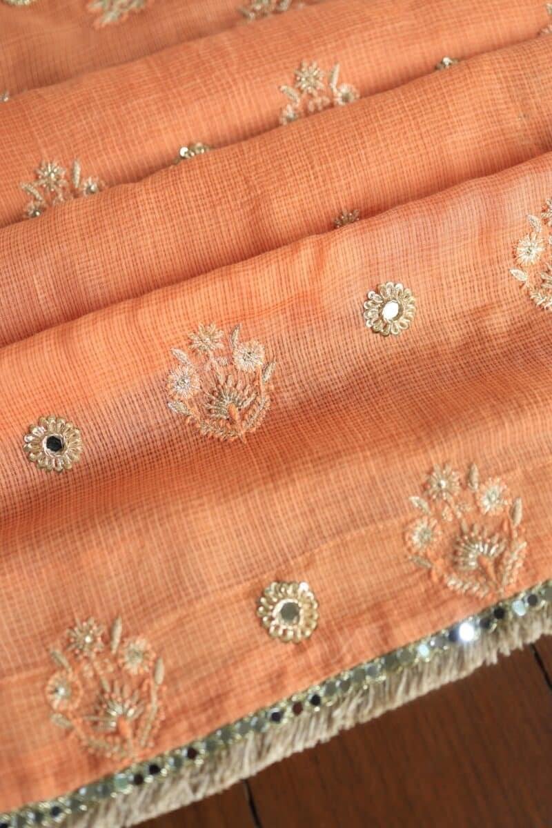 Orange Salmon Silk Kota Chikankari Unstitched Fabric