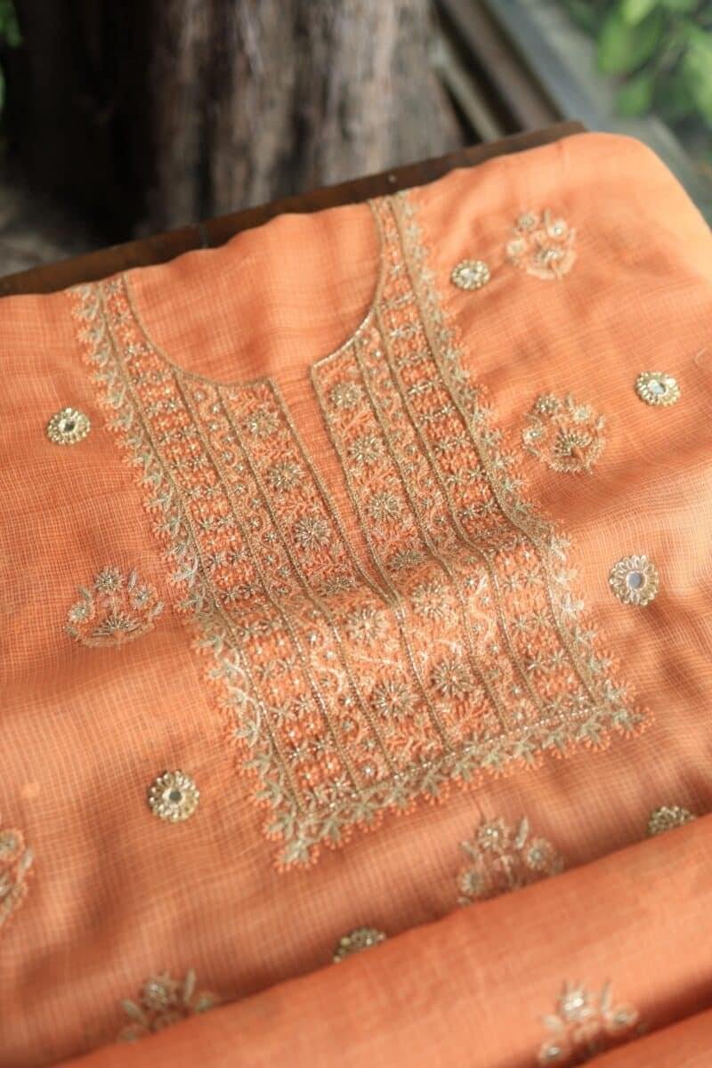 Orange Salmon Silk Kota Chikankari Unstitched Fabric